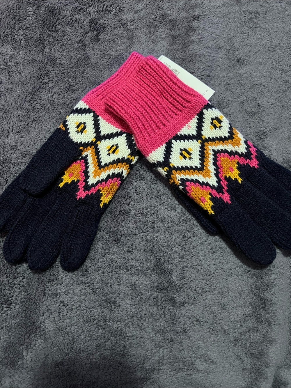 Old Navy Navy Knit Gloves with Pink Cuff and Multicolor Pattern